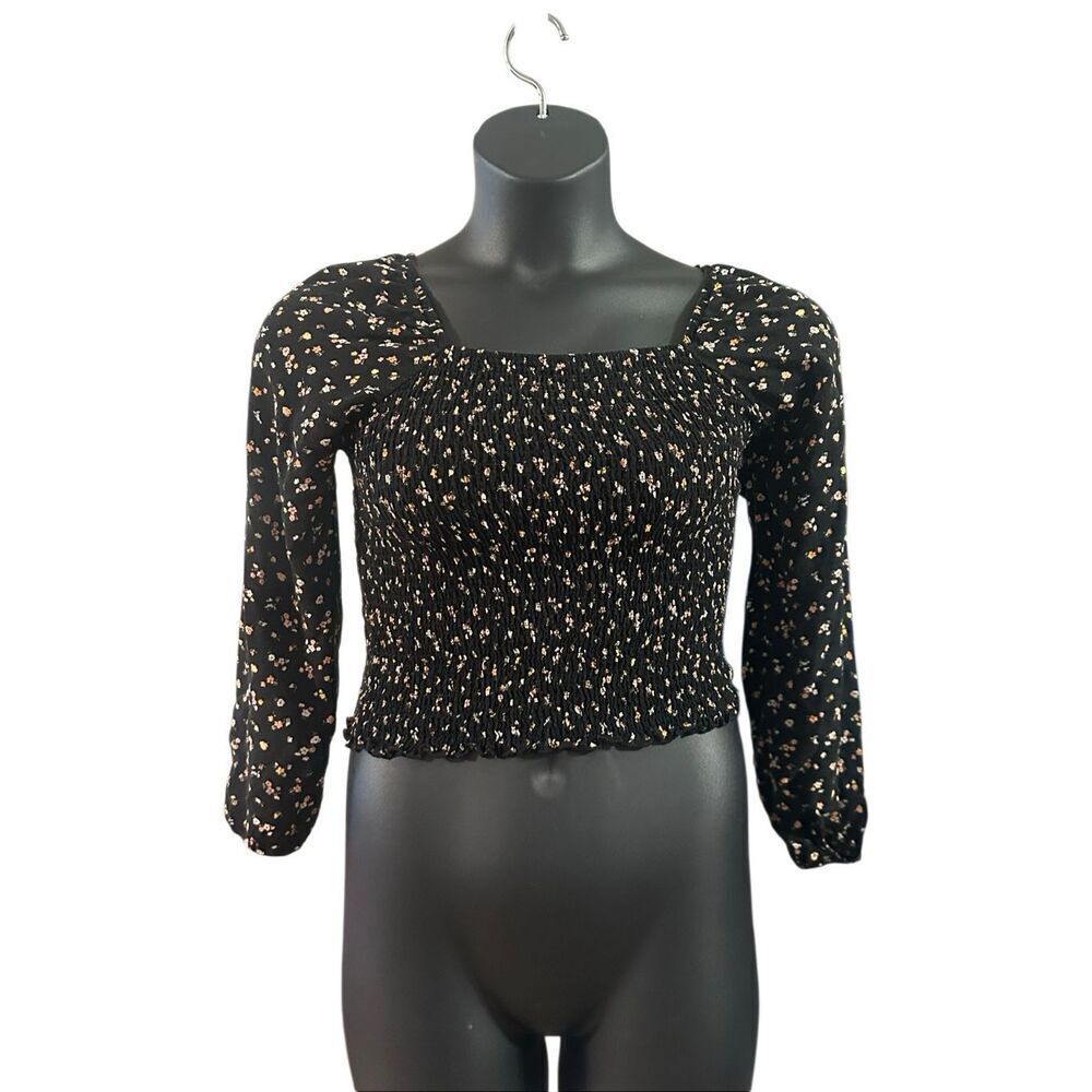 Art Class Girl's Black Floral Print Smocked Long Puff Sleeve Blouse Size Large
